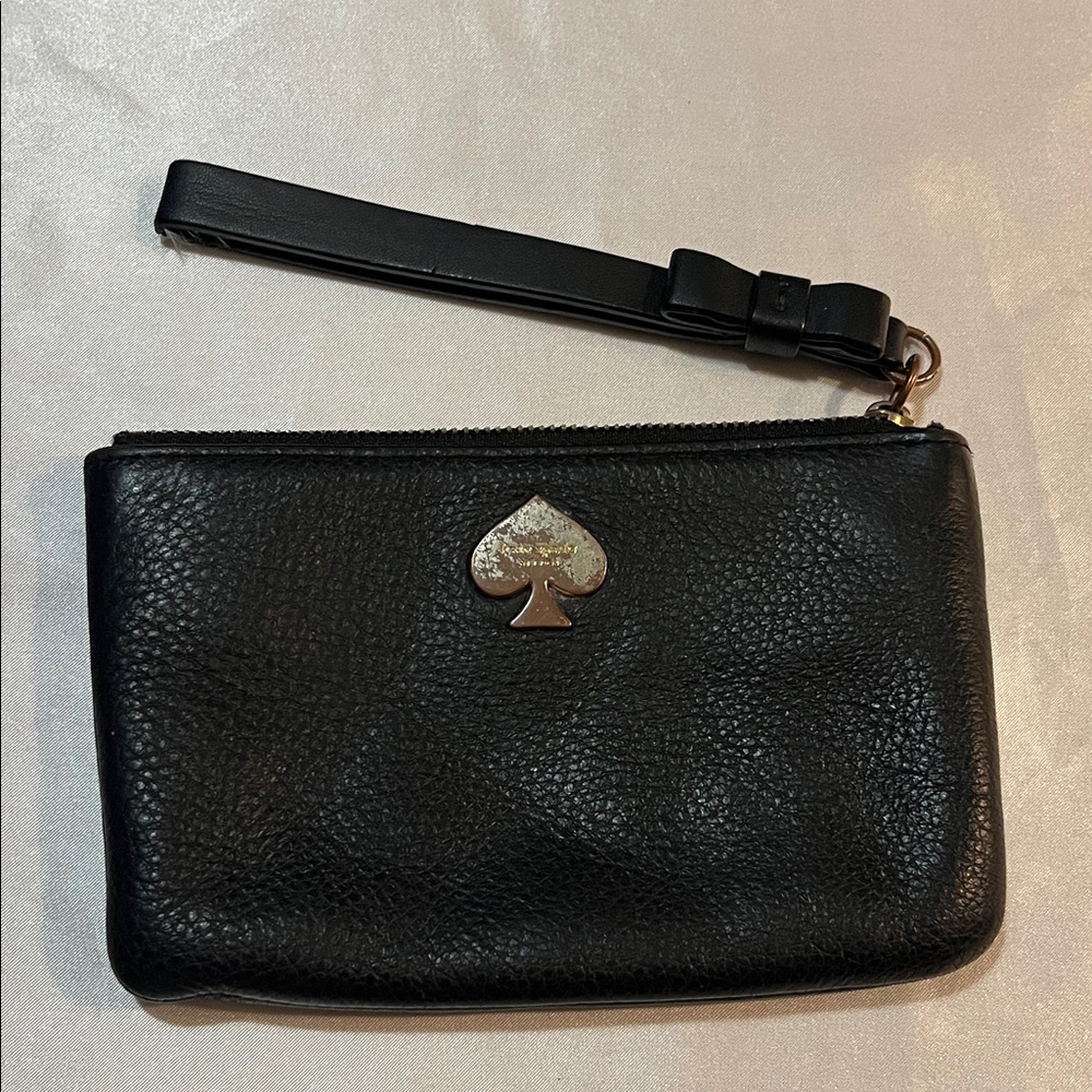 kate spade Black Pebbled Leather Wristlet with Gold Spade Accent